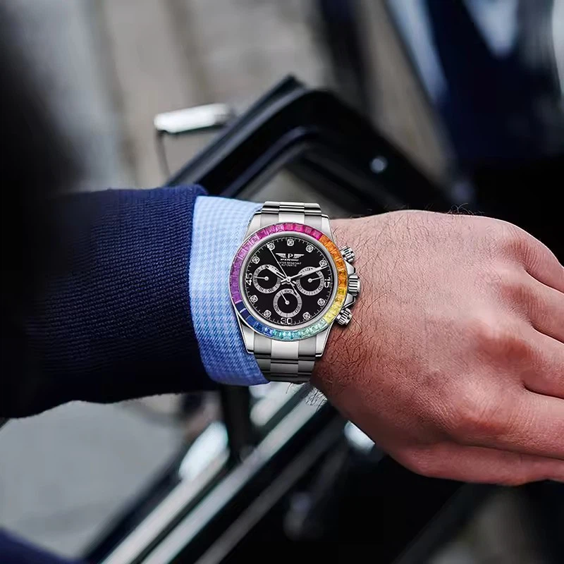 Men Luxury Rainbow Design Fashion Steel Date Multi-functional Diamond Case Diamond Dial Automatic Mechanical Watches